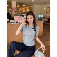 폴* 데일리 꽈배기 배색 카라 니트 반팔