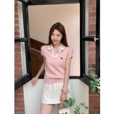미*** 프릴 레이스 오픈 카라 니트반팔