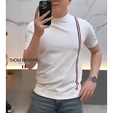 톰* 옴므 좌삼선 라인 라운드 반팔 니트