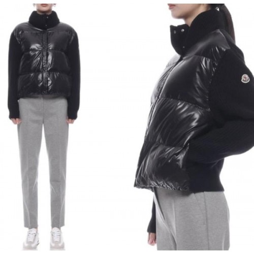 로고패치 패딩 레이어드 하이넥 여성 니트 집업